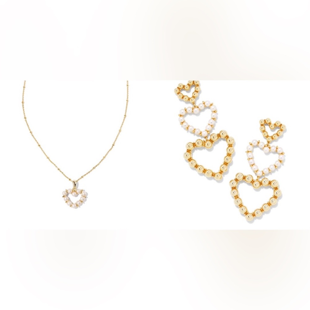 Kendra Scott Gold and White Pearl Heart Necklace and Dangle Earring Set